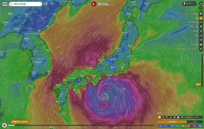 【ひと目で分かる】台風19号の風雨の強さがアニメーションで確認できる天気予報サイト「Windy」